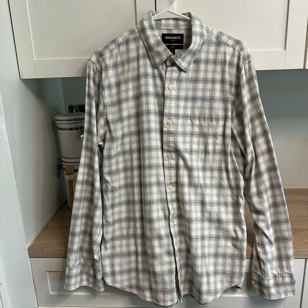 Bonobos Button Down‎ Shirt Mens L White Grey Plaid Slim Fit Stretch Long Sleeve